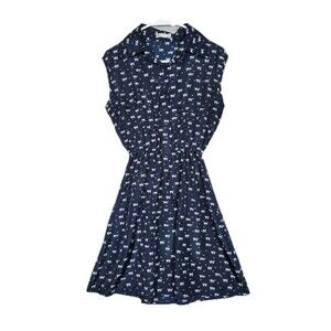 Juniors Twee Cat Print Collared Sleeveless Dress Fits Large Navy White Whimsical